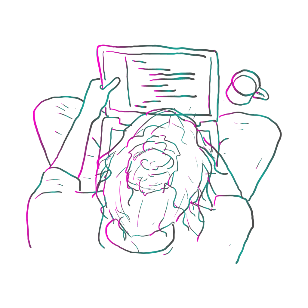 Zeichnung: Person mit Laptop, auf dem Code zu sehen ist. Daneben Kaffeetsse. 